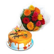 Cake with Mixed Roses Bouquet